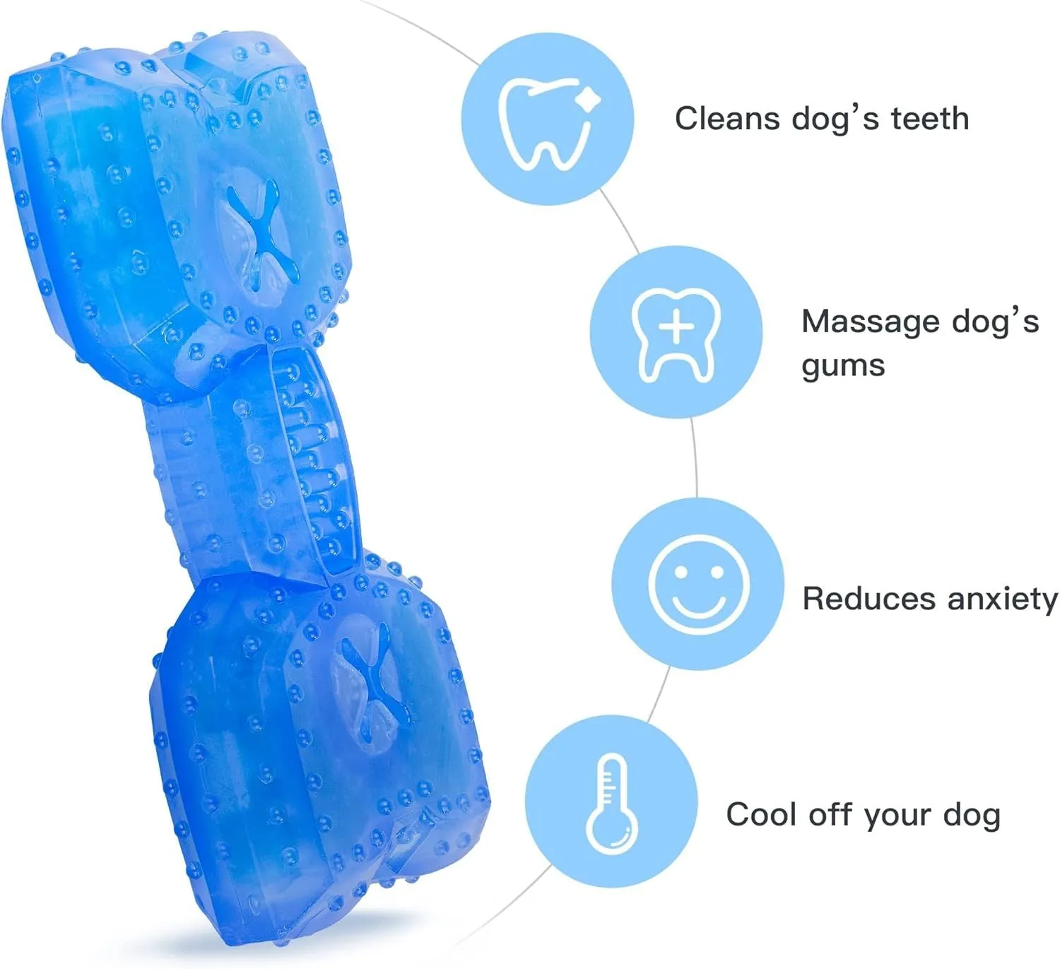 Blue freezable dog chew toy in bone and circle shapes for teething and cooling relief.