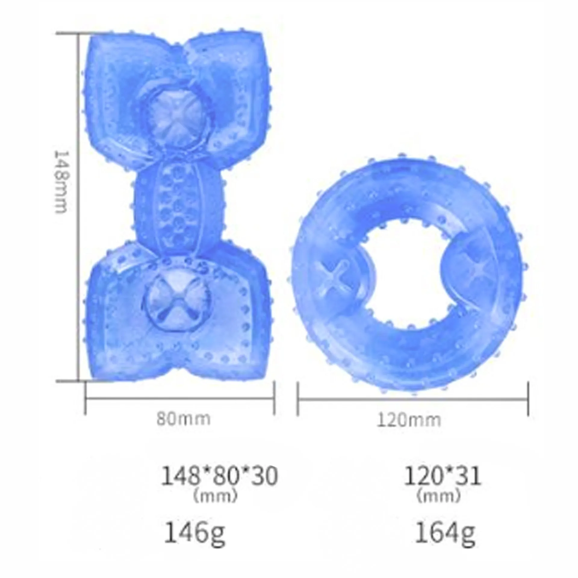 Blue freezable dog chew toy in bone and circle shapes for teething and cooling relief.