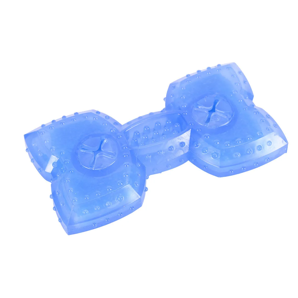 Blue freezable dog chew toy in bone and circle shapes for teething and cooling relief.