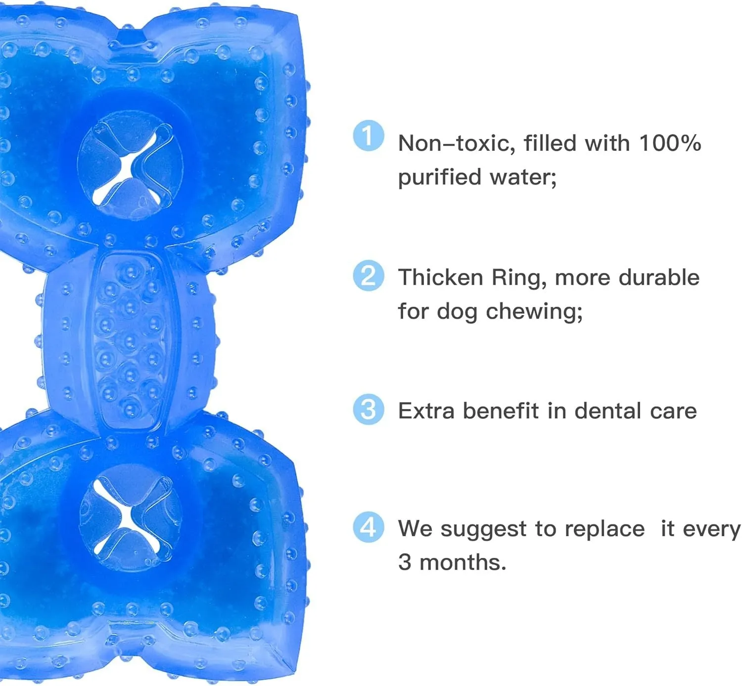Blue freezable dog chew toy in bone and circle shapes for teething and cooling relief.