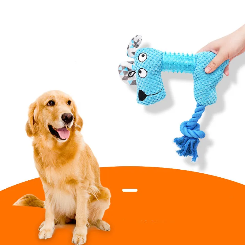 Blue corn kernel TPR dog squeaky toy with cotton rope tail on white background