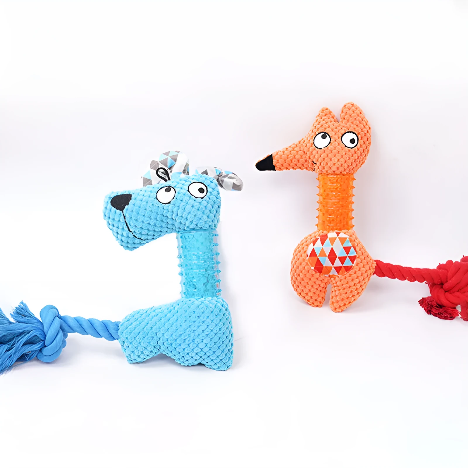 Blue corn kernel TPR dog squeaky toy with cotton rope tail on white background
