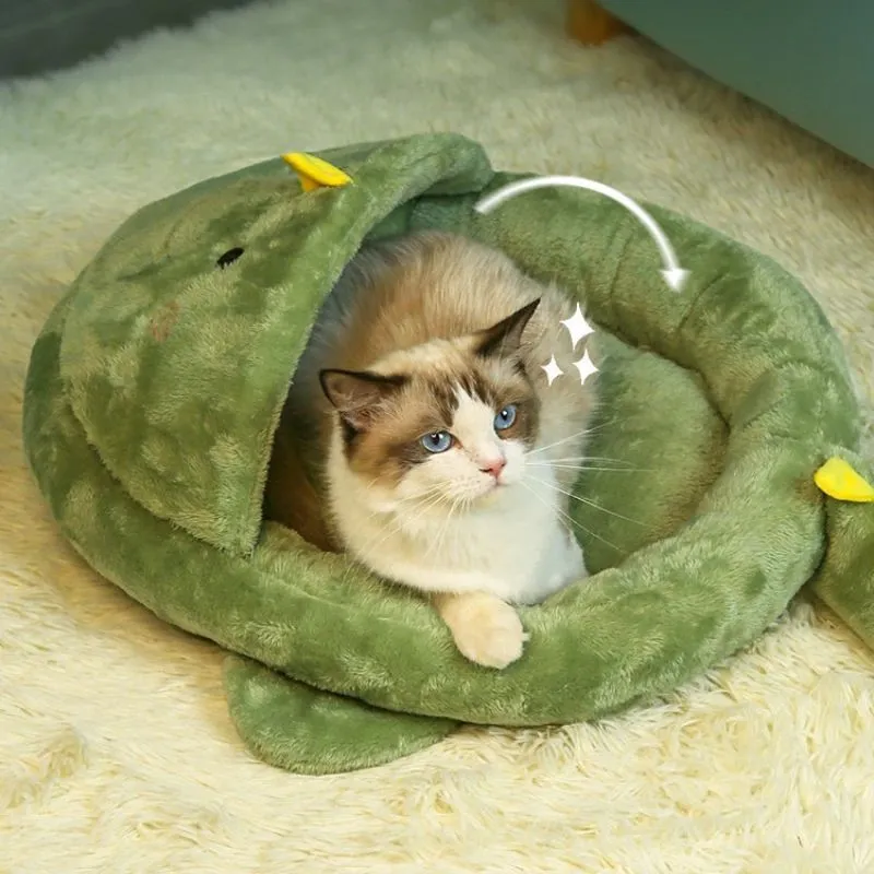 Semi-closed green pet bed with cartoon animal print, 50x45x7cm, for small cats and dogs