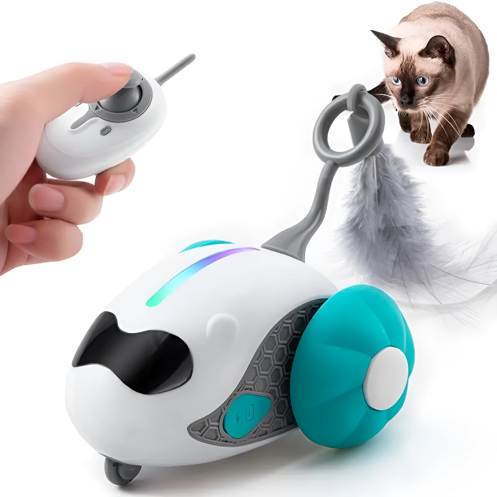 Interactive cat toy in blue with rechargeable joystick remote control and feather attachment for indoor cat exercise