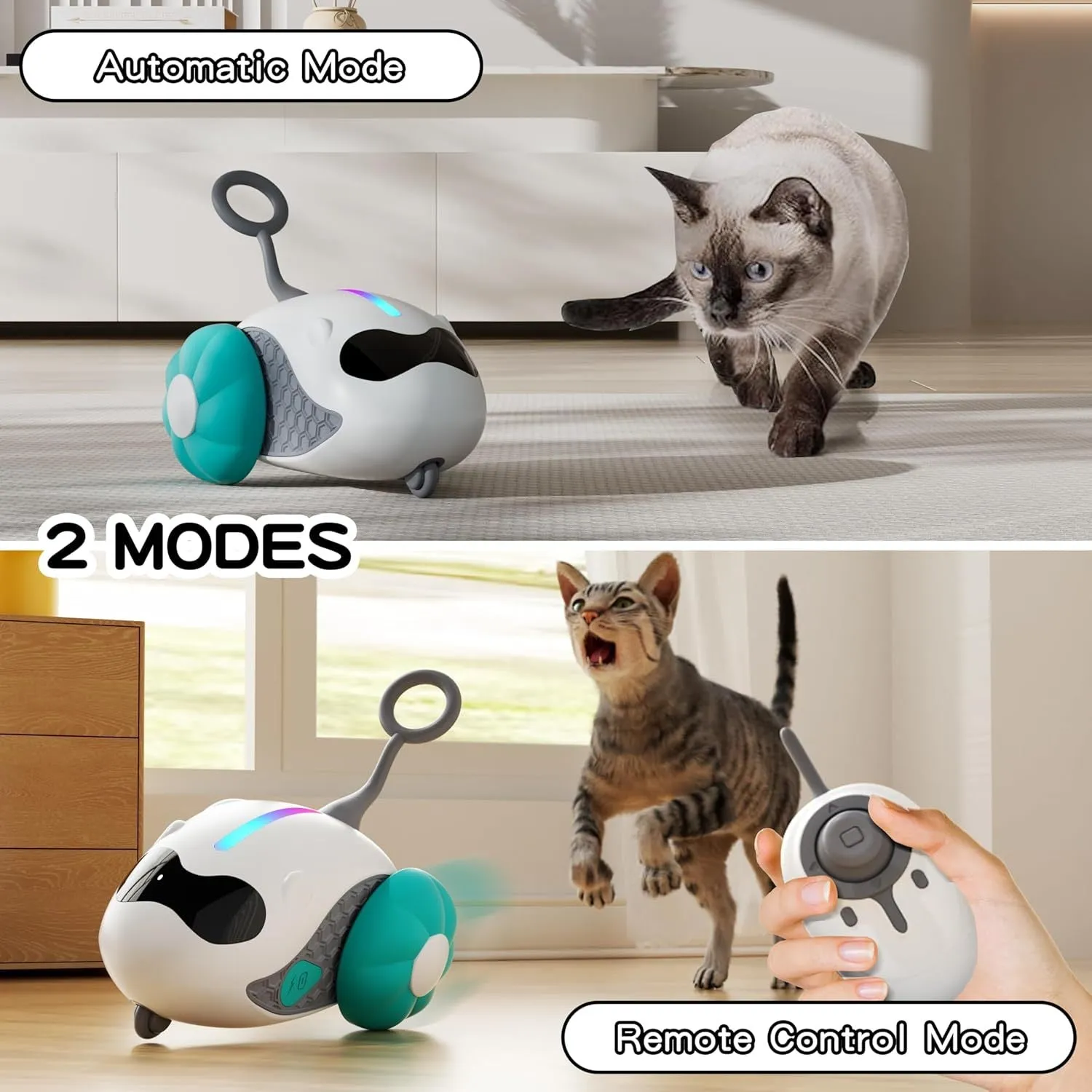 Interactive cat toy in blue with rechargeable joystick remote control and feather attachment for indoor cat exercise
