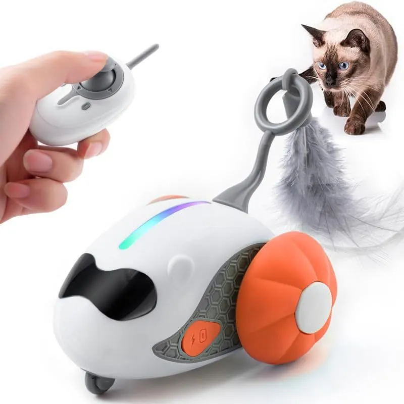Interactive cat toy in blue with rechargeable joystick remote control and feather attachment for indoor cat exercise