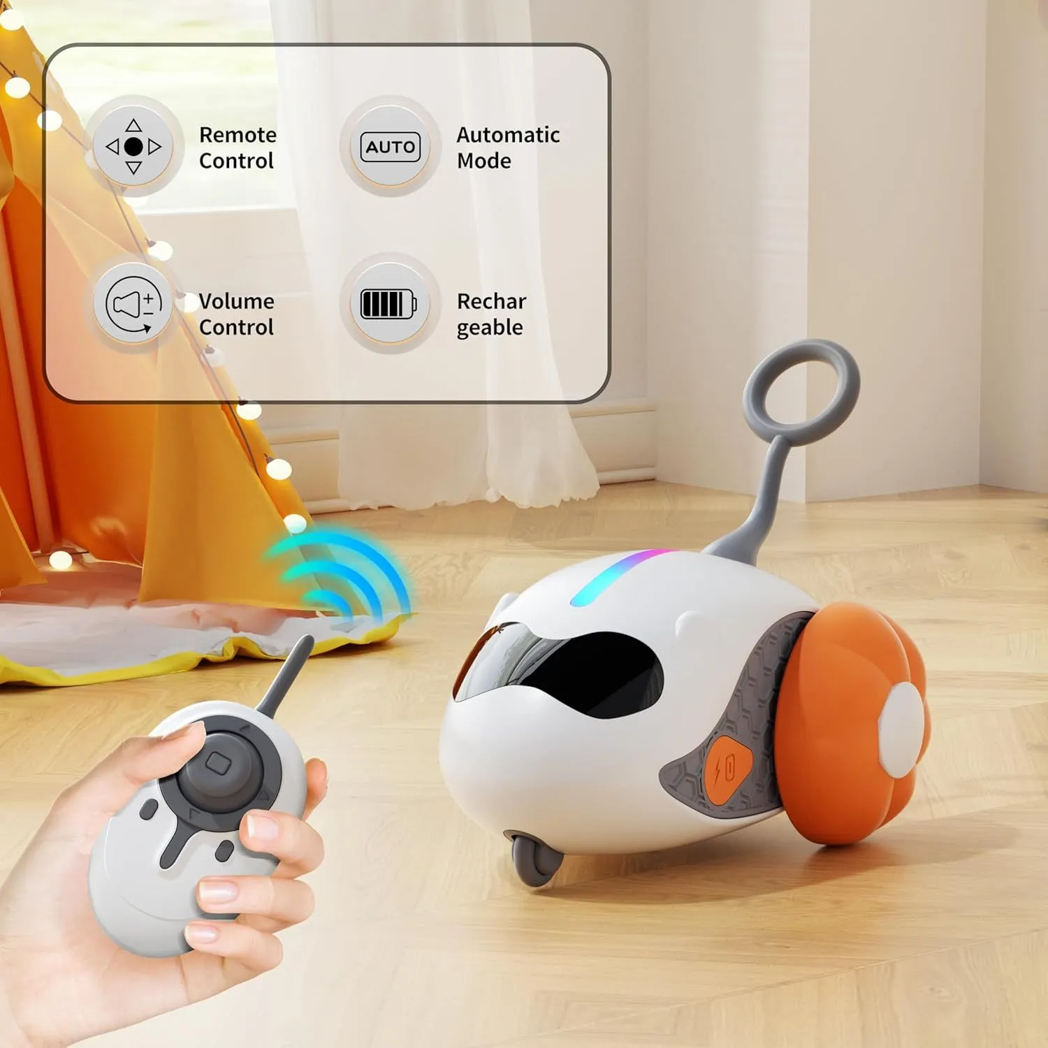 Interactive cat toy in blue with rechargeable joystick remote control and feather attachment for indoor cat exercise