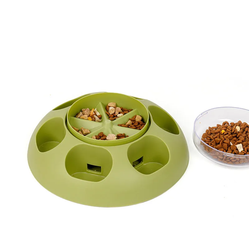 Green pet automatic press leakage device dog food training toy with round shape and textured surface on white background
