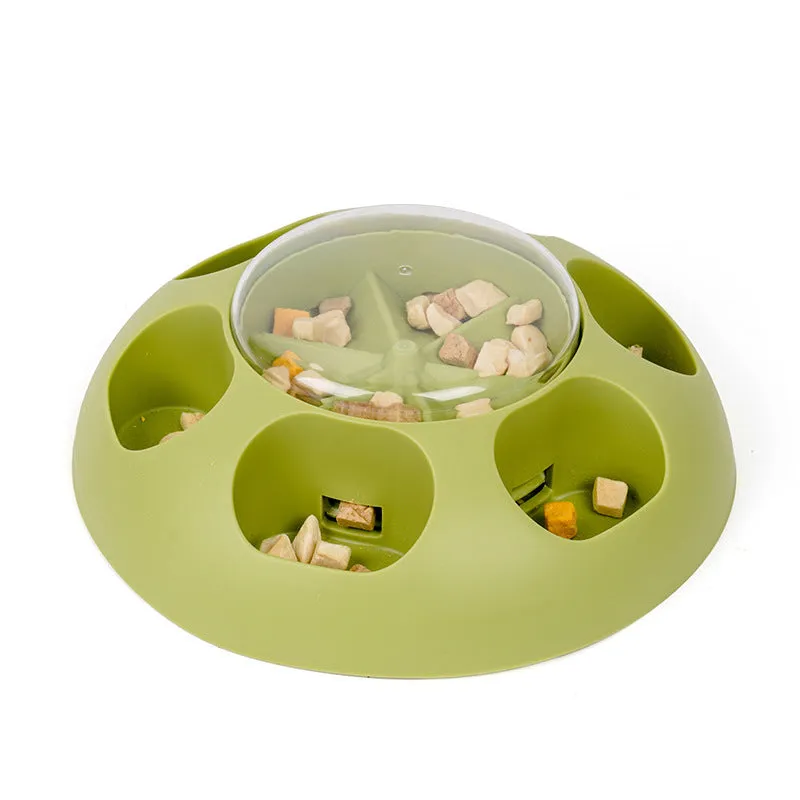 Green pet automatic press leakage device dog food training toy with round shape and textured surface on white background