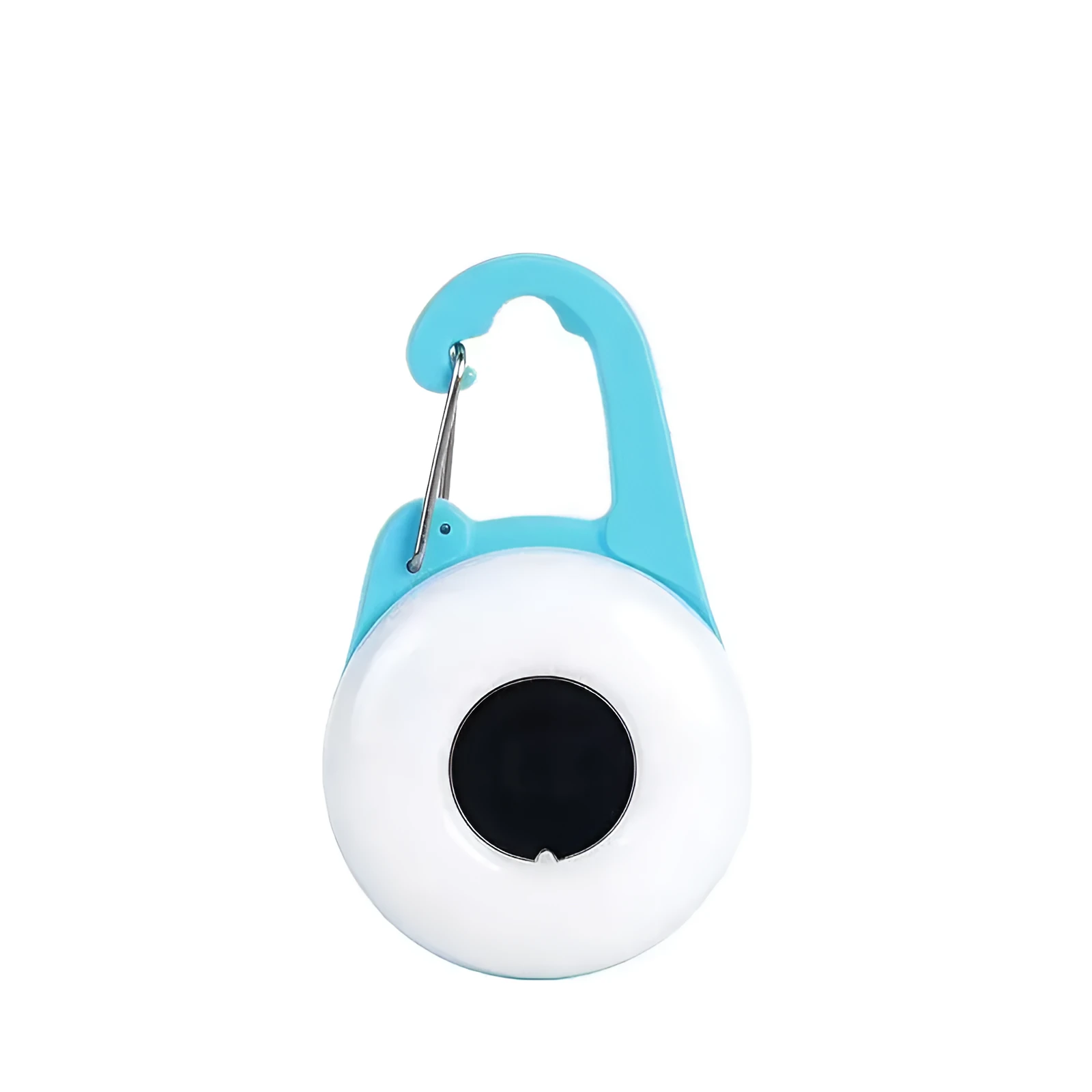 Blue rechargeable LED dog collar light with silicone strap attached to a black collar.