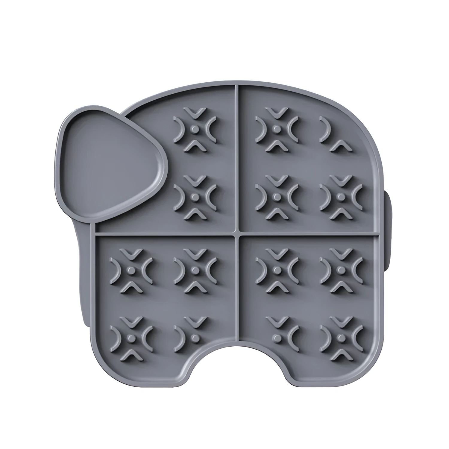 Gray silicone pet slow food pad with suction cups under a pet bowl