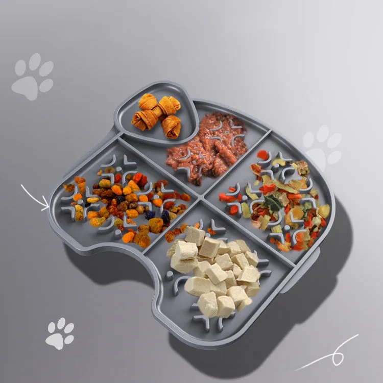 Gray silicone pet slow food pad with suction cups under a pet bowl