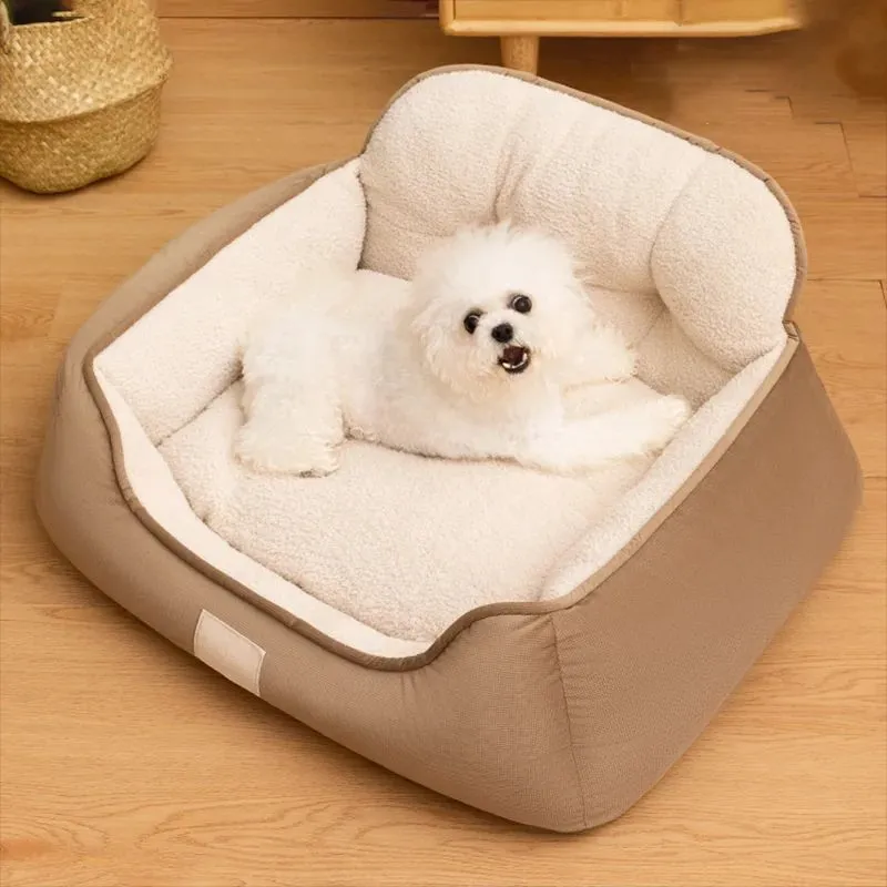 Plush pet bed in three sizes with washable fabric for indoor dog use
