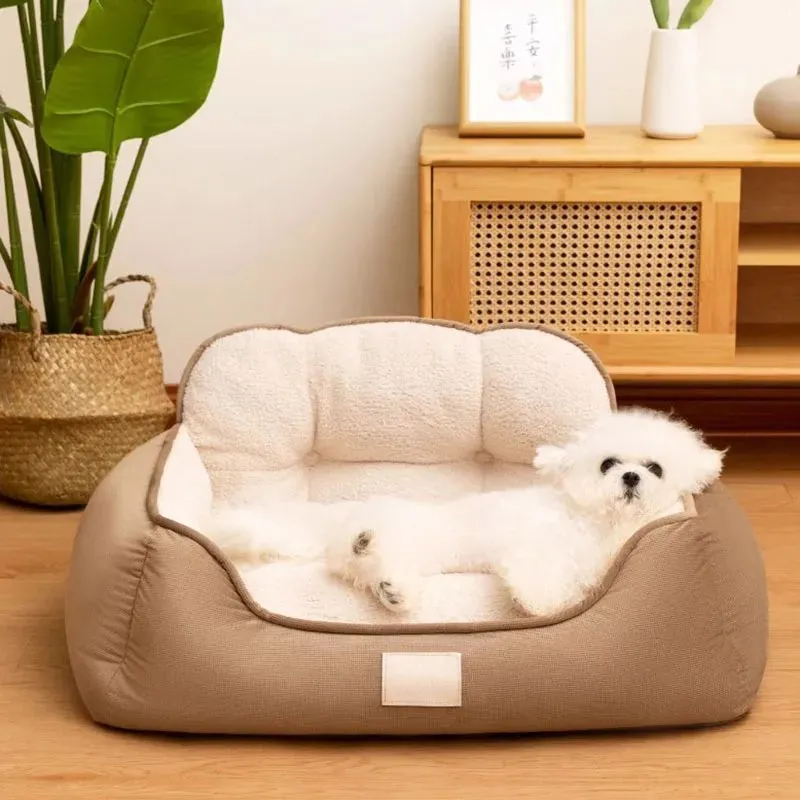 Plush pet bed in three sizes with washable fabric for indoor dog use