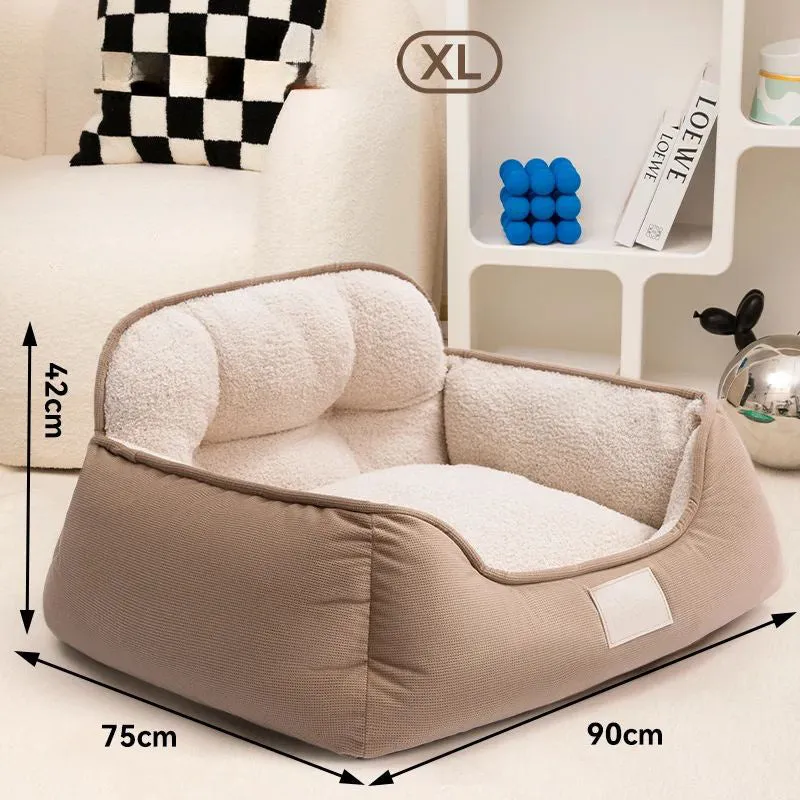 Plush pet bed in three sizes with washable fabric for indoor dog use