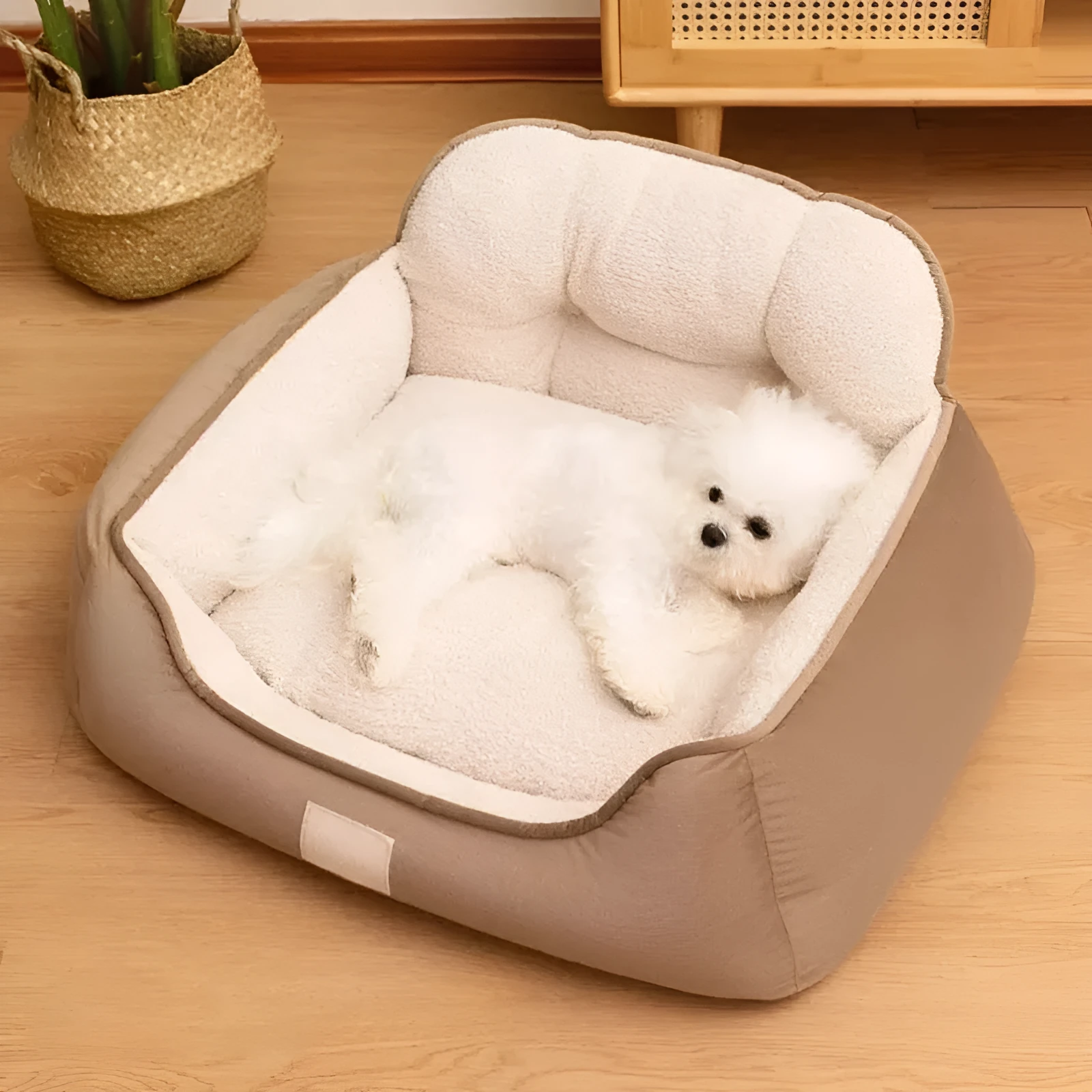 Plush pet bed in three sizes with washable fabric for indoor dog use