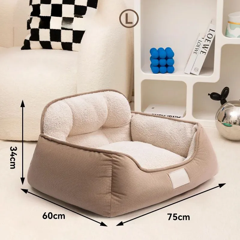 Plush pet bed in three sizes with washable fabric for indoor dog use