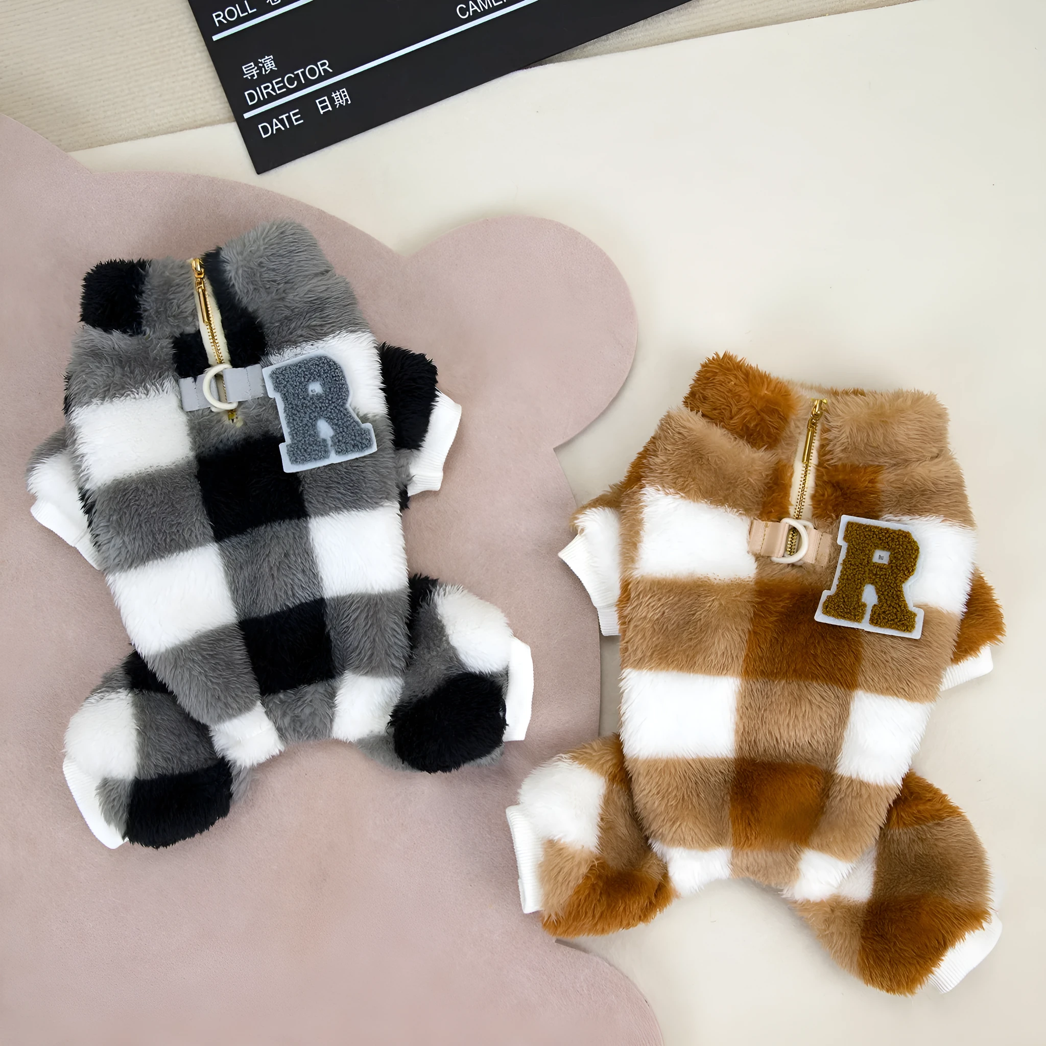 Double-sided velvet four-leg fluffy dog jacket in gray and brown, available in sizes S to XXL