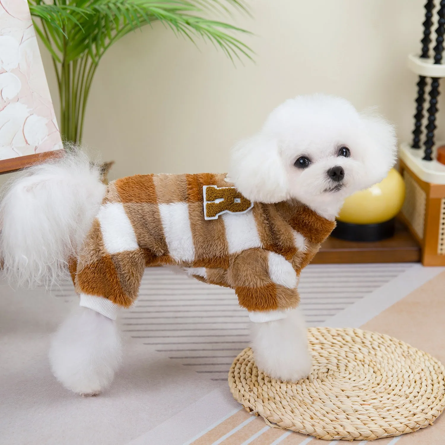 Double-sided velvet four-leg fluffy dog jacket in gray and brown, available in sizes S to XXL