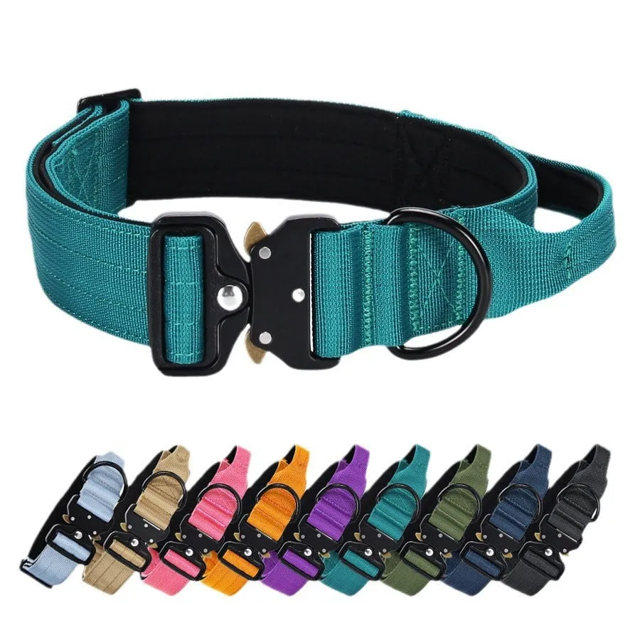 Nylon explosion-proof handle dog collar in black, 1.5-inch width, size M for neck 38-46cm