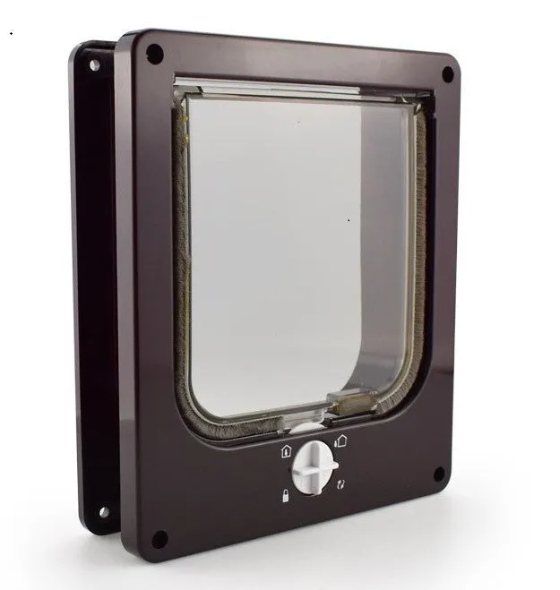 Interior cat door with rotary lock magnetic closure in black, showing frame and flap.