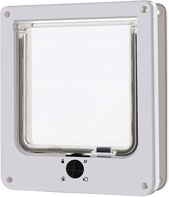 Interior cat door with rotary lock magnetic closure in black, showing frame and flap.