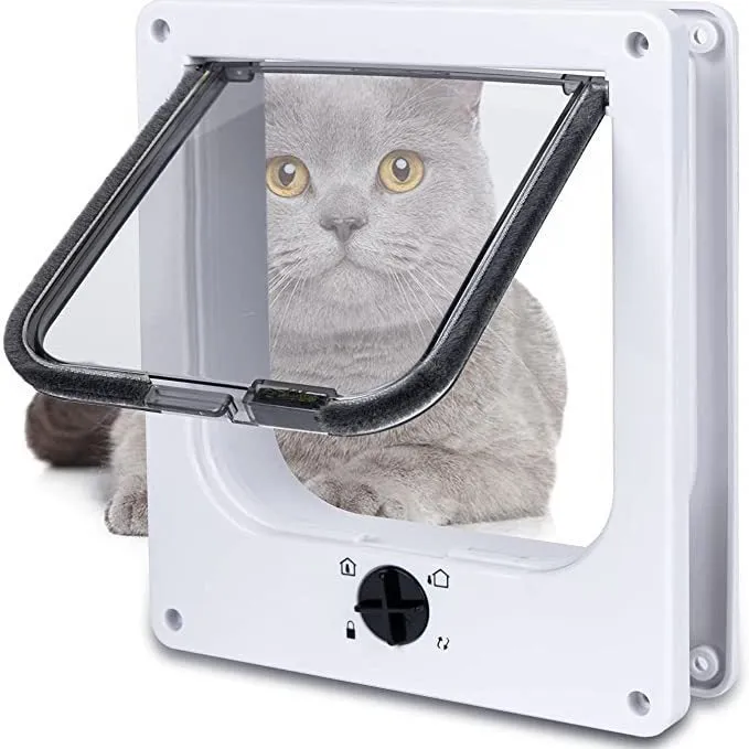 Interior cat door with rotary lock magnetic closure in black, showing frame and flap.