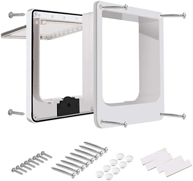 Interior cat door with rotary lock magnetic closure in black, showing frame and flap.