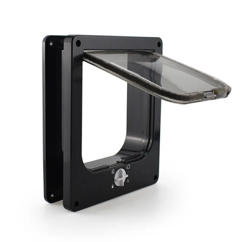 Interior cat door with rotary lock magnetic closure in black, showing frame and flap.