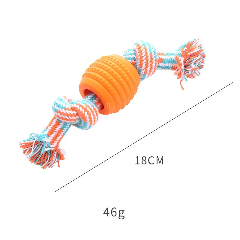 Blue soft dog chew toy with rope attachment for teeth cleaning and tug play.