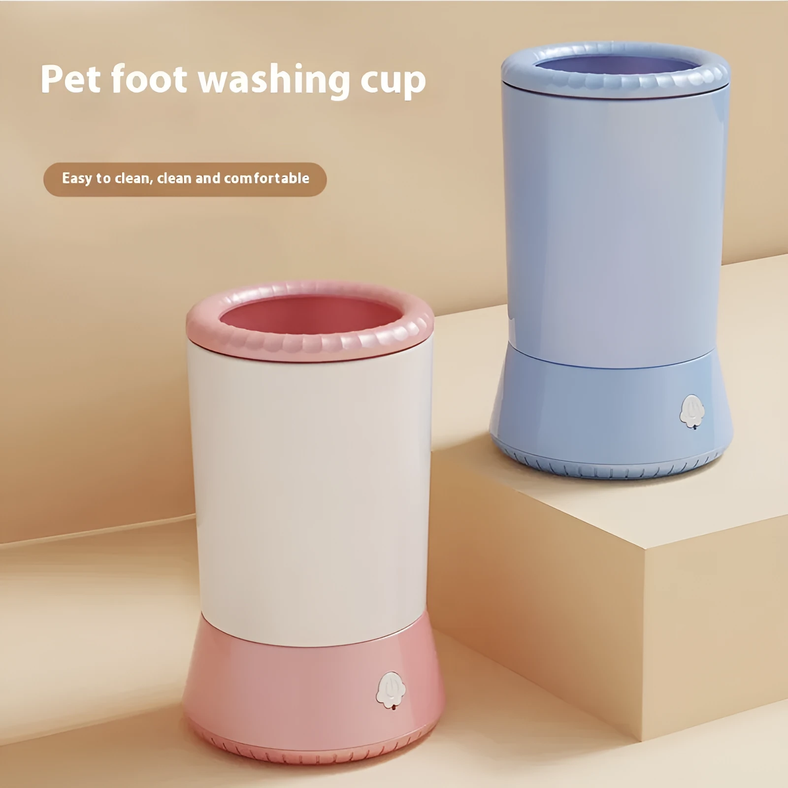 Electric foot-washing cup for dogs and cats in pink, blue, and white and blue colours
