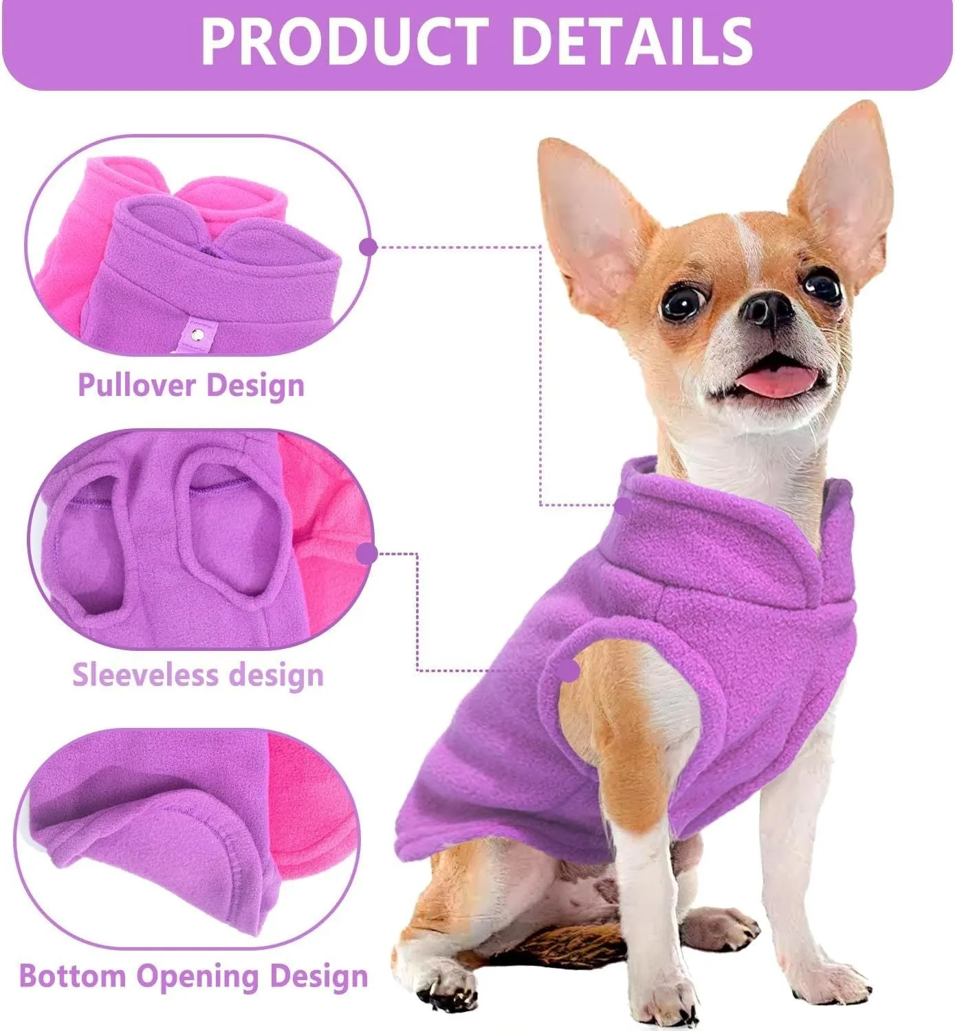Two small dogs wearing fleece sweaters with built-in D-ring for leash, one in blue green and one in purple pink