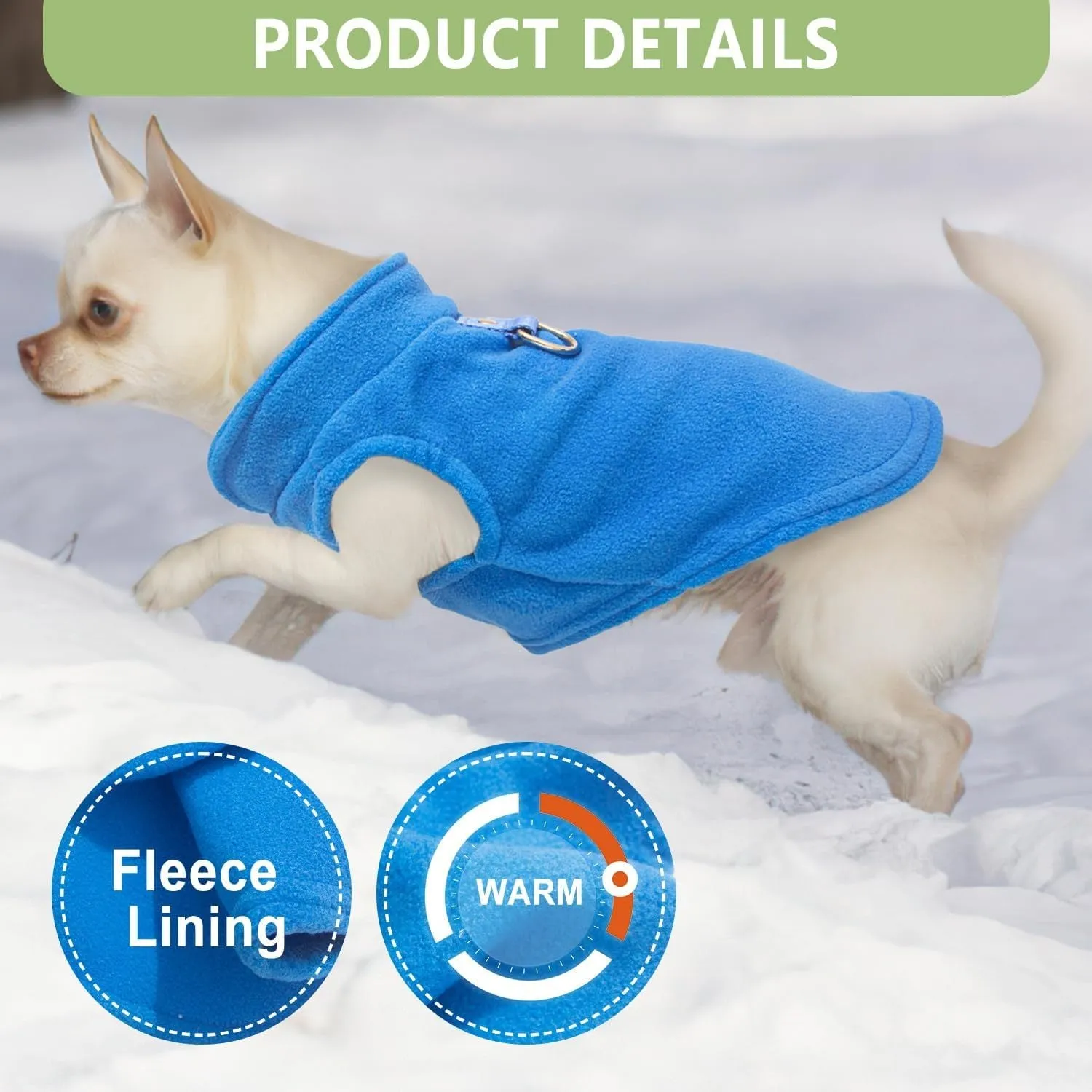 Two small dogs wearing fleece sweaters with built-in D-ring for leash, one in blue green and one in purple pink