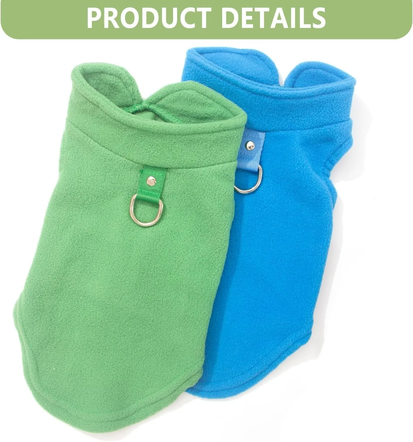Two small dogs wearing fleece sweaters with built-in D-ring for leash, one in blue green and one in purple pink