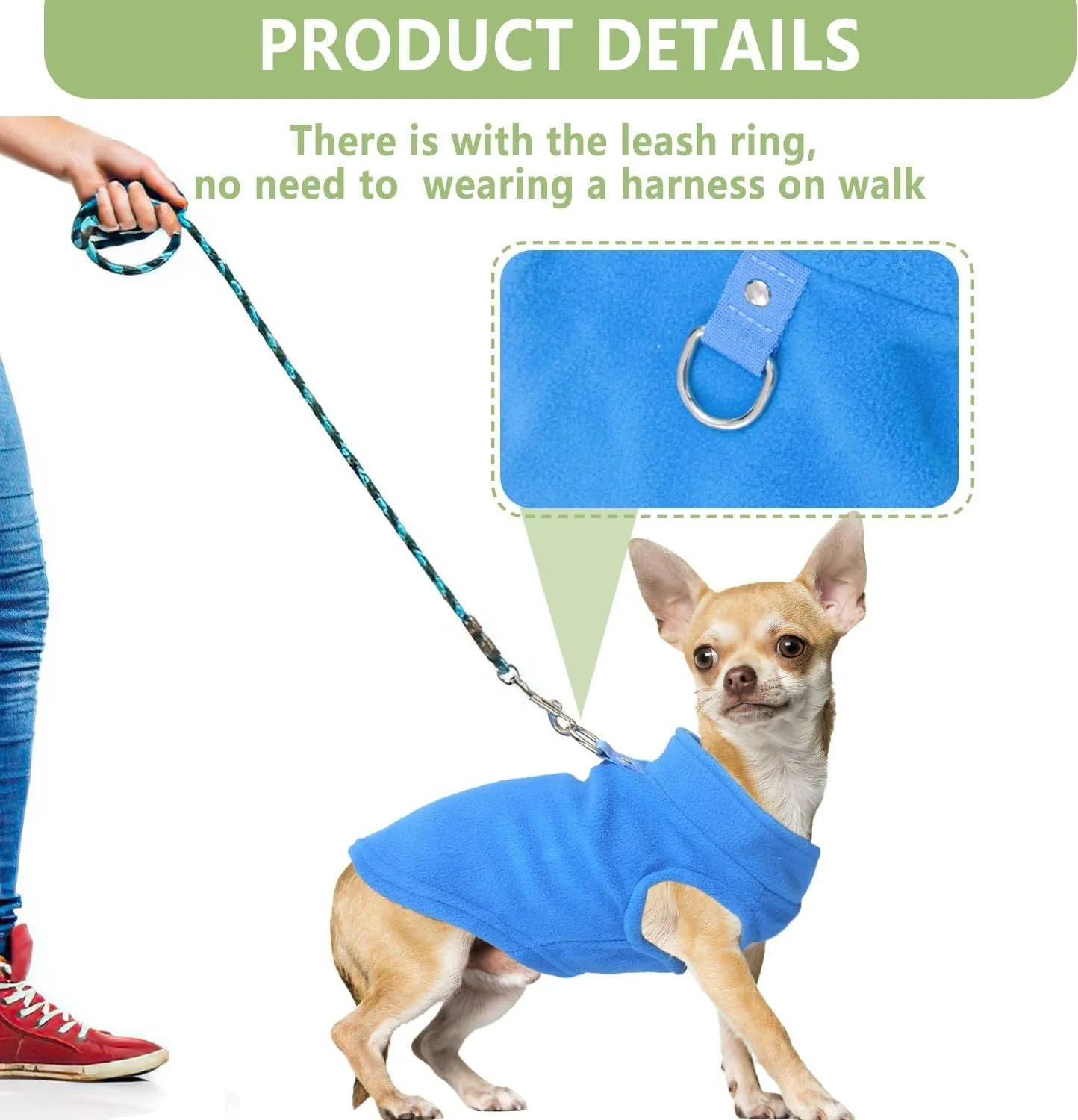 Two small dogs wearing fleece sweaters with built-in D-ring for leash, one in blue green and one in purple pink