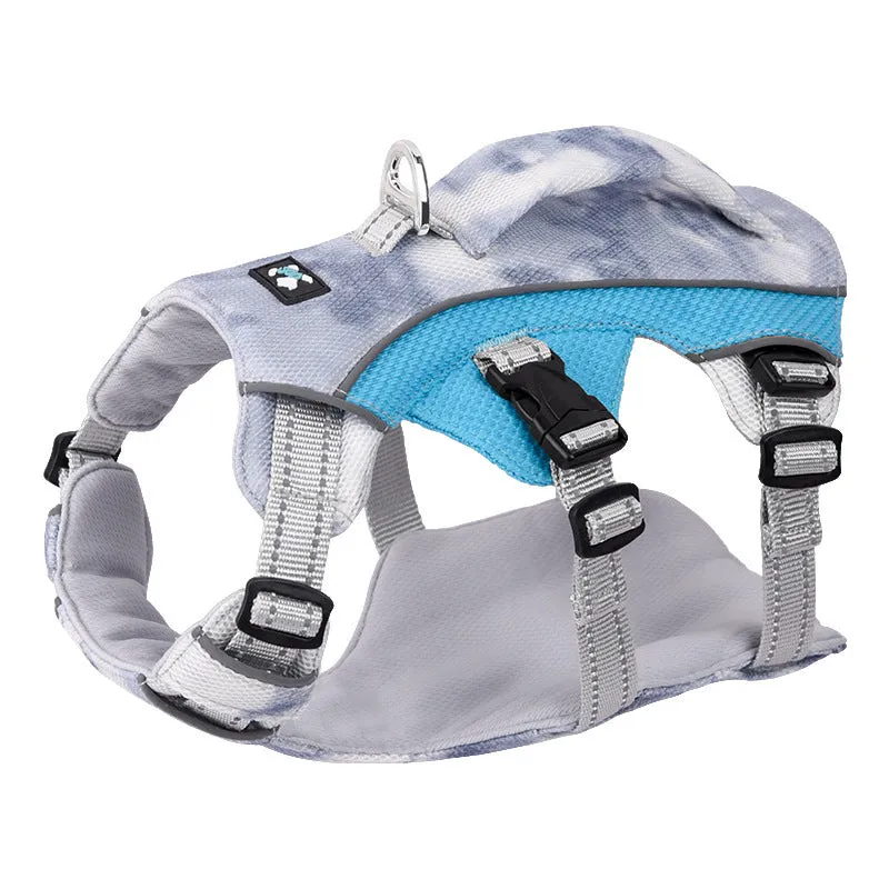 Reflective dog harness chest strap in light blue, shown with adjustable sizing clips.