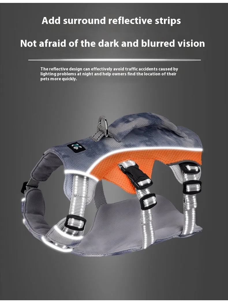Reflective dog harness chest strap in light blue, shown with adjustable sizing clips.
