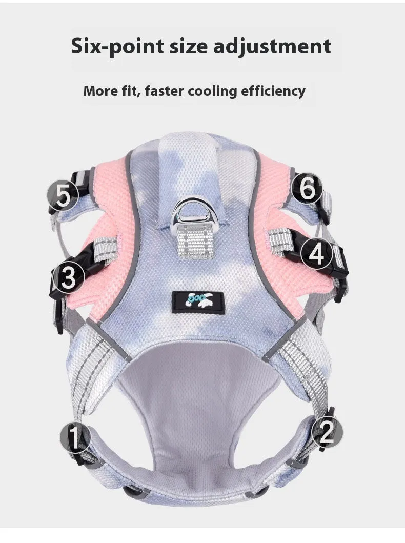 Reflective dog harness chest strap in light blue, shown with adjustable sizing clips.