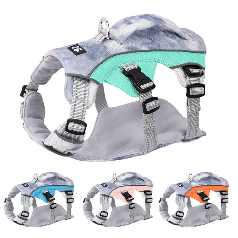 Reflective dog harness chest strap in light blue, shown with adjustable sizing clips.