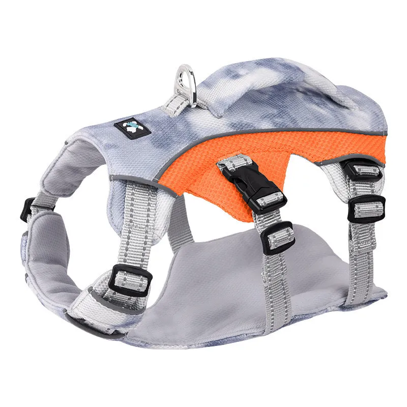 Reflective dog harness chest strap in light blue, shown with adjustable sizing clips.