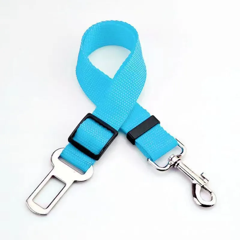 Black dog car seat belt with metal clip and adjustable polyester webbing on car seat