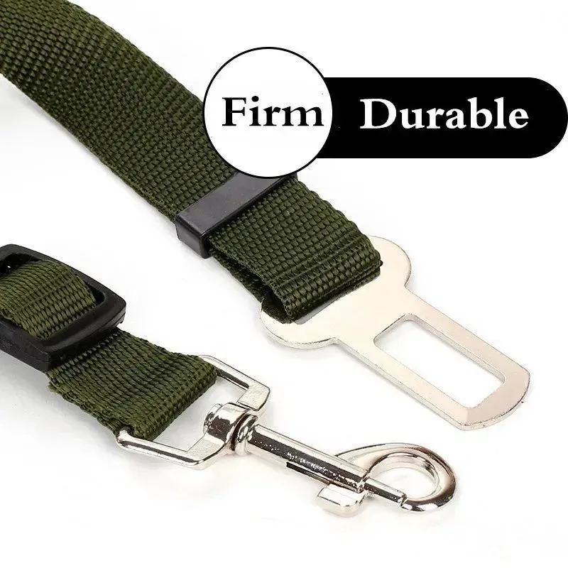 Black dog car seat belt with metal clip and adjustable polyester webbing on car seat