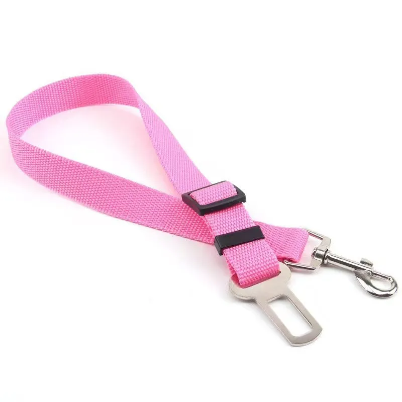 Black dog car seat belt with metal clip and adjustable polyester webbing on car seat