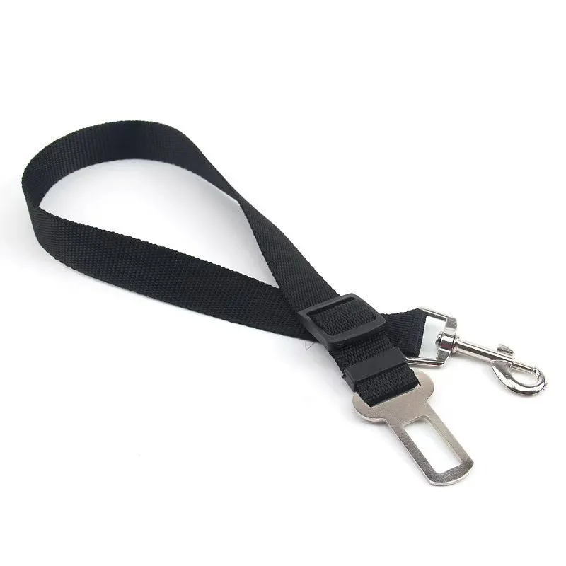 Black dog car seat belt with metal clip and adjustable polyester webbing on car seat