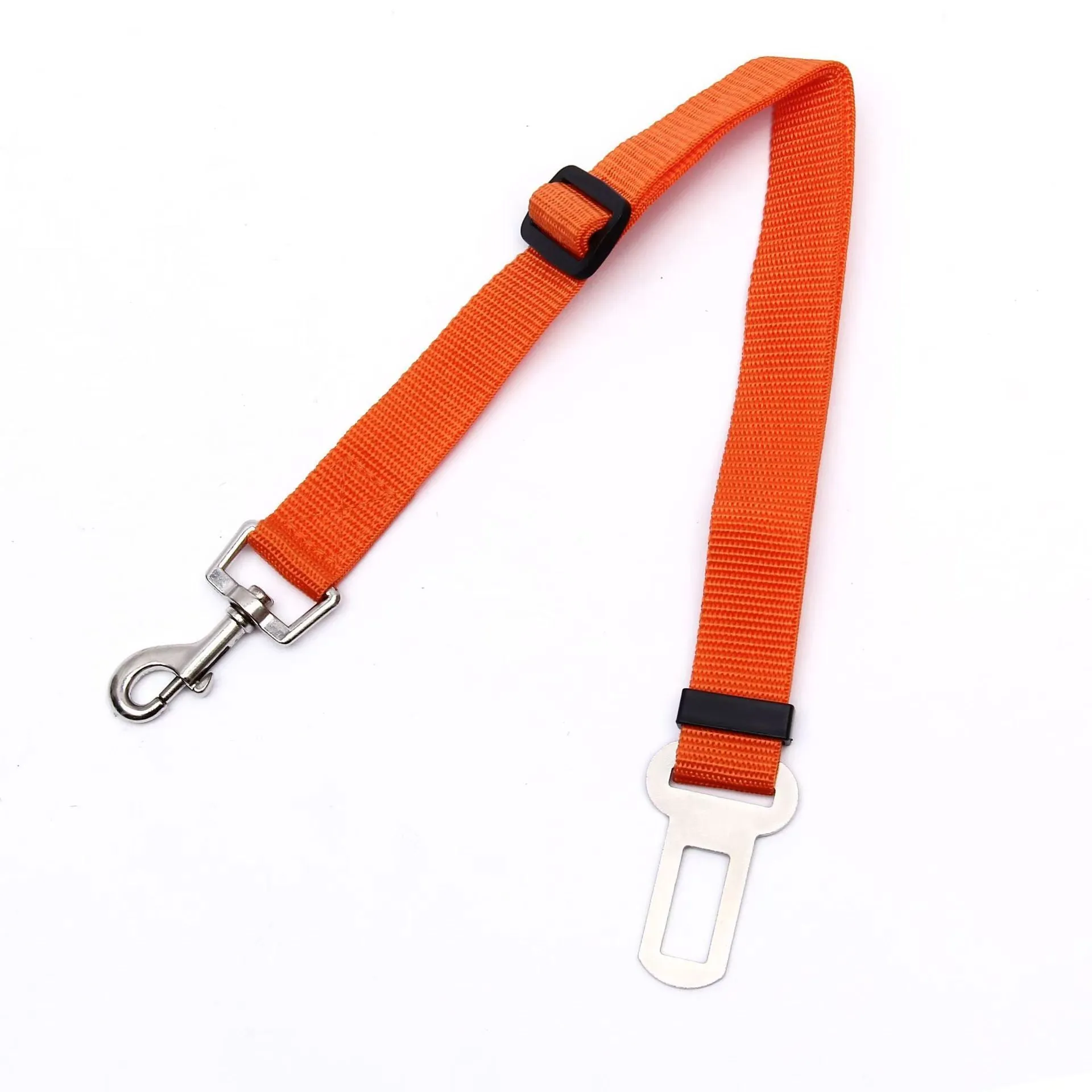 Black dog car seat belt with metal clip and adjustable polyester webbing on car seat