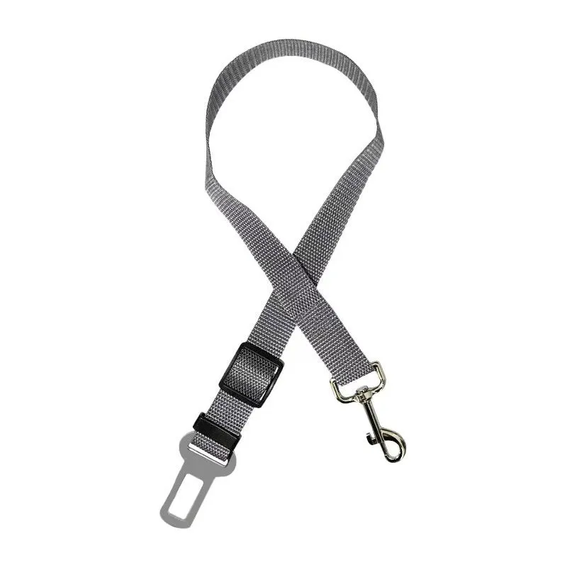 Black dog car seat belt with metal clip and adjustable polyester webbing on car seat
