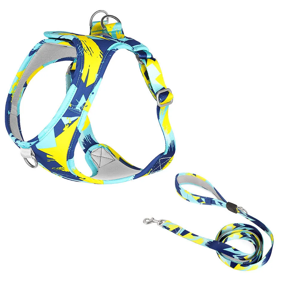 Printed breathable polyester pet harness suit in blue and white camouflage with traction rope, side view on dog