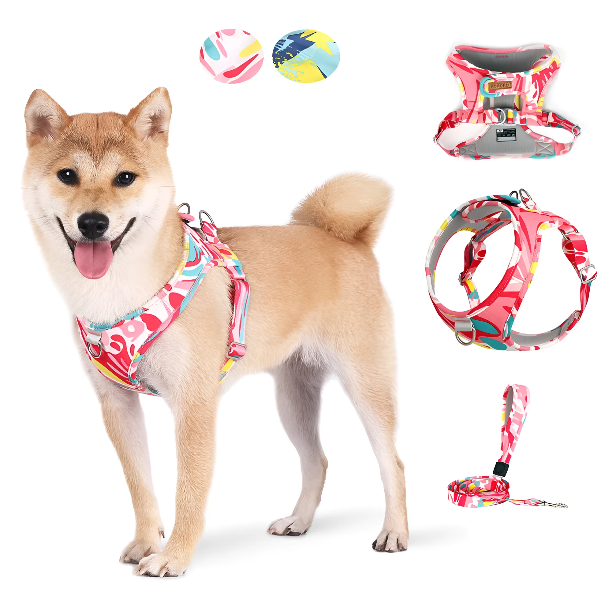 Printed breathable polyester pet harness suit in blue and white camouflage with traction rope, side view on dog
