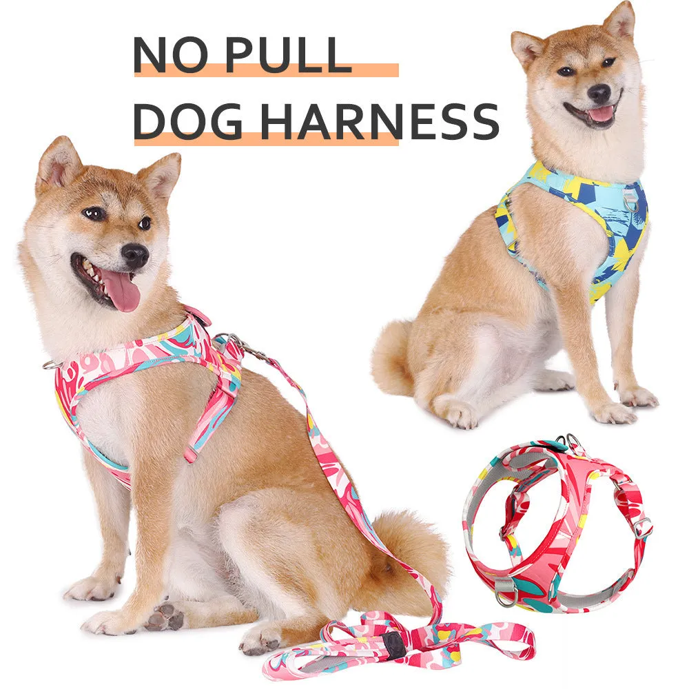 Printed breathable polyester pet harness suit in blue and white camouflage with traction rope, side view on dog