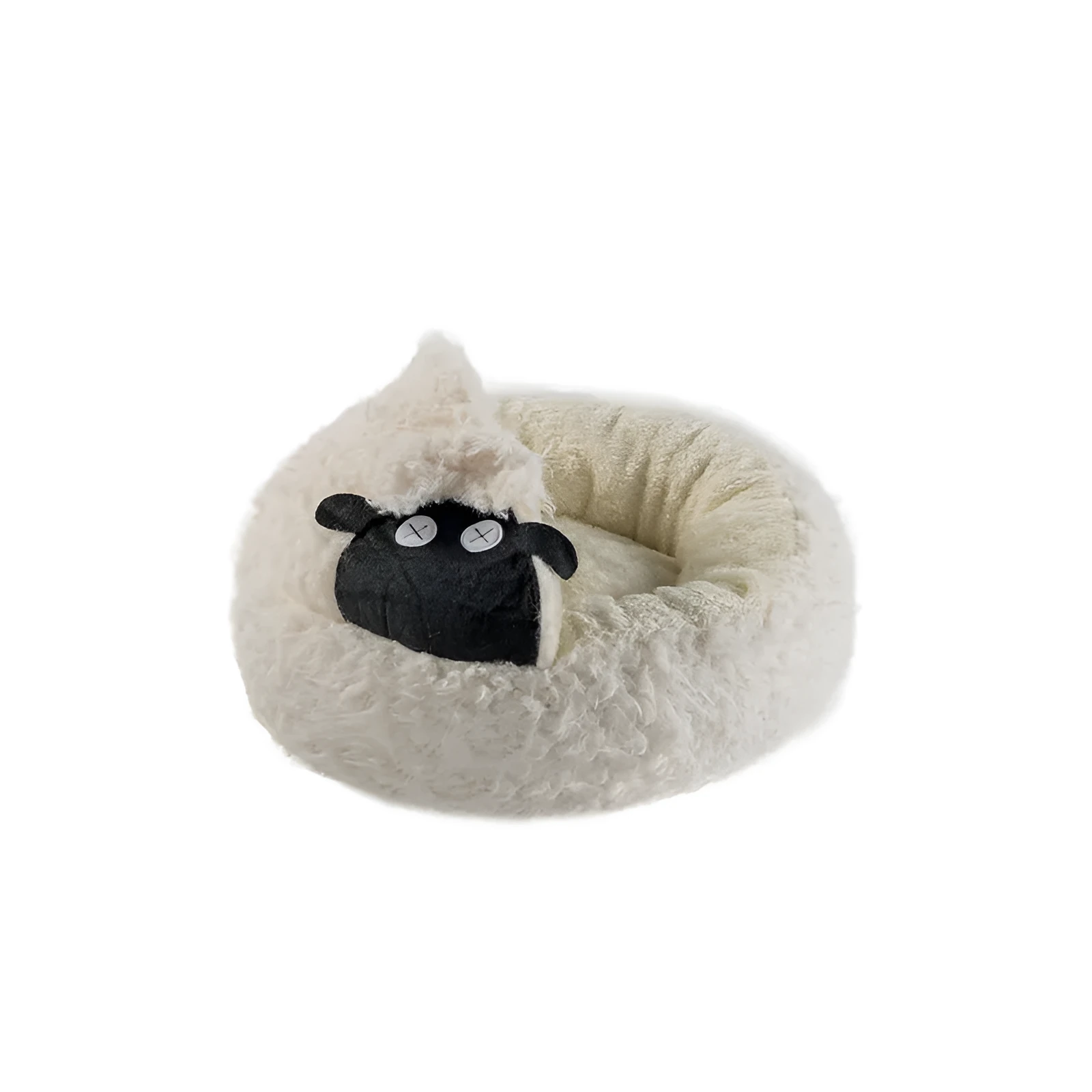 Lamb shape cave cat bed in warm plush fabric, semi-closed round design, available in S and M sizes